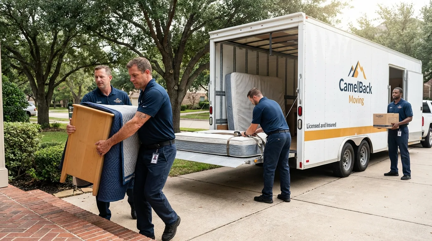 Crew loading residential truck for cross-state move from Tishomingo, OK