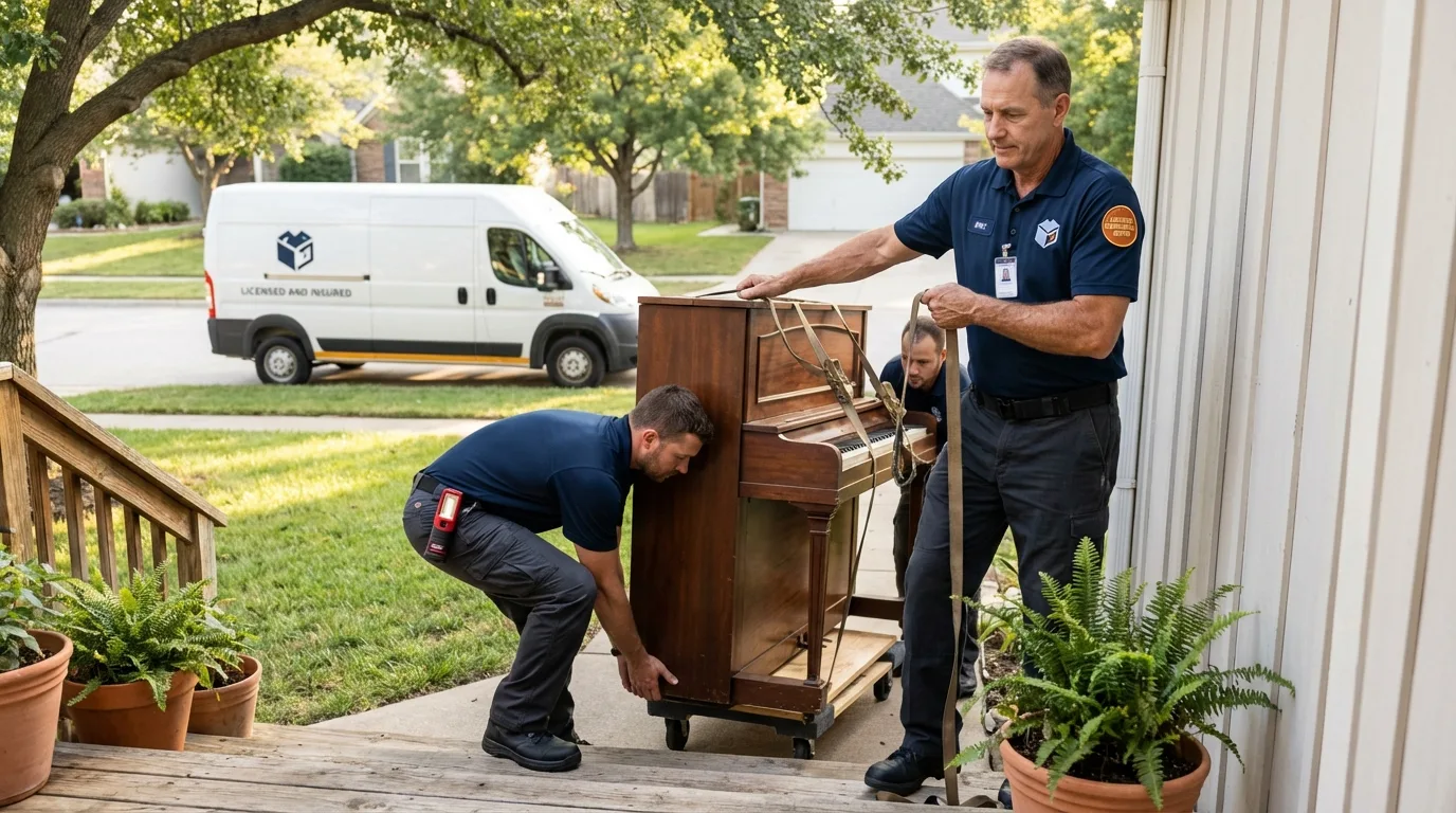 Licensed piano movers securing grand piano in Tishomingo, OK