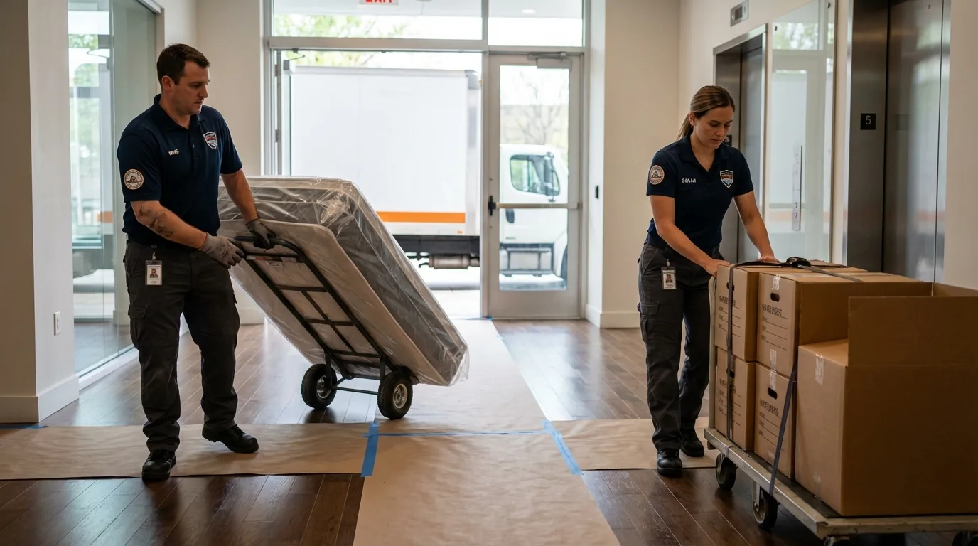 Professional apartment movers loading elevator in Tishomingo, OK