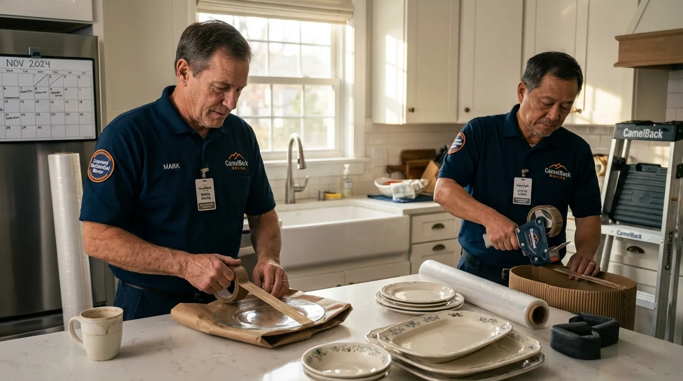 Professional crew packing kitchen dishware in Tishomingo, OK